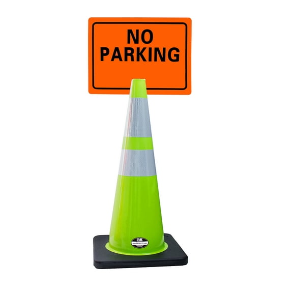 RK-Safety 28" Lime Cone, Black base With Two Reflective Tape, Plus Cone Sign 22 "No Parking", (Cone-4 ea   Cone Sign-4 ea)