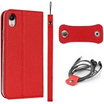 iPhone XR Genuine Cowhide Leather Wallet Case,Headset Winder,Flip Folio Magnetic Closure,Card Holder Slots,Kickstand,Cash Pockets Wrist Strap Cover Case for iPhone XR,6.1",Red