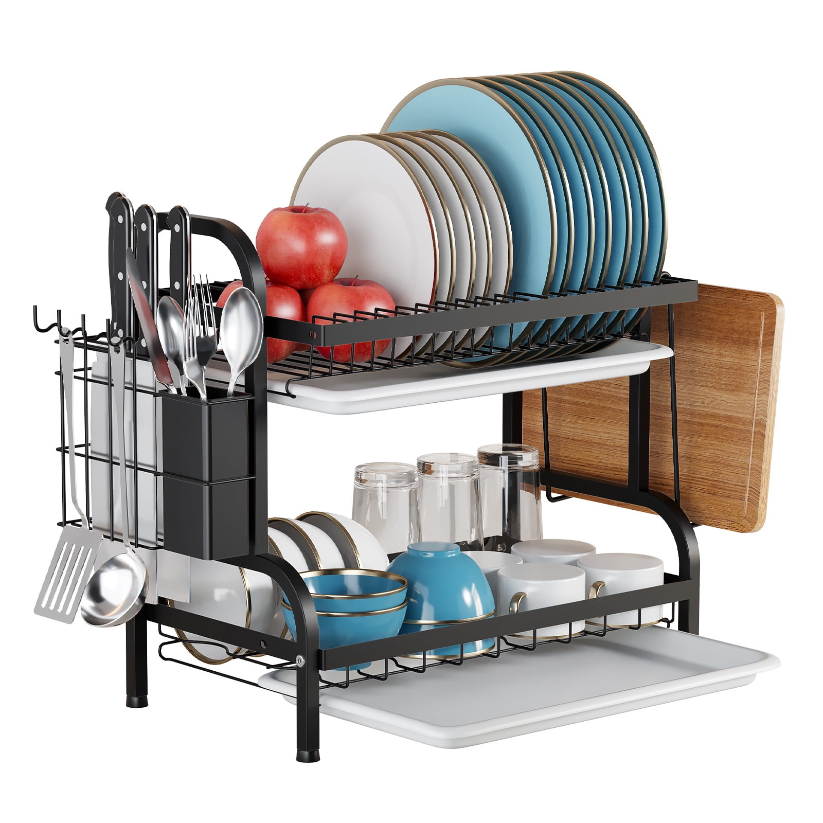 2Tier Compact Kitchen Dish Rack , RustProof Dish Drainer with Utensil