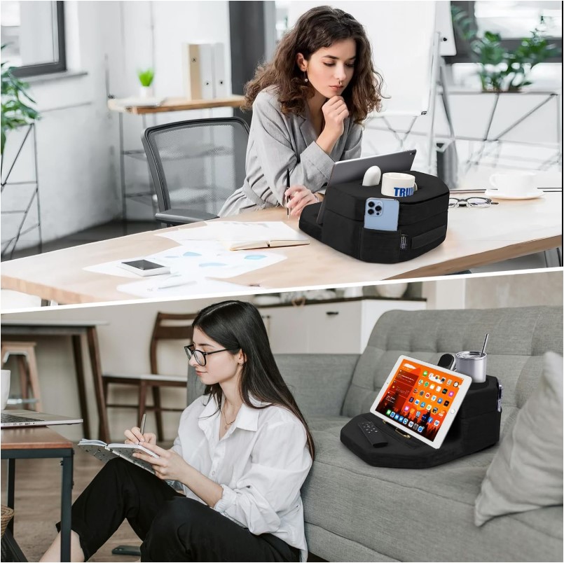 TabCouchCaddy Octagonal Couch Cup Holder Tray Pillow - Bed, Couch Caddy, Sofa, - Holds Drinks, Snacks, Remotes, Phones, Kindle, Tablet | Bed Cup Holder (Black)
