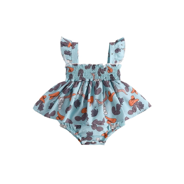 FOCUSNORM Barboteuse-Robe pour Bébé Fille à Manches Volantées, Bonnet Plissé, Justaucorps Imprimé, Vêtements pour Usage Quotidien Décontracté