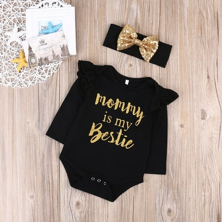 - Newborn Baby Girls Clothes Floral “Mommy is My Bestie” Bodysuit Romper +Headband