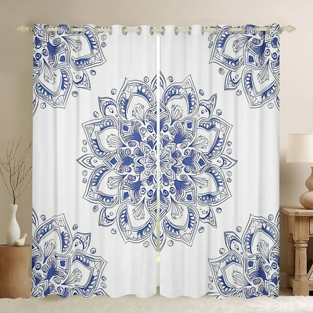 jejeloiu Ancient Bohemian Flowers Blackout Curtains Set of 2 (52x84 Each) Retro Mandala Print Window Curtains Blue White Curtains and Drapes For Adults Breathable Home Decor