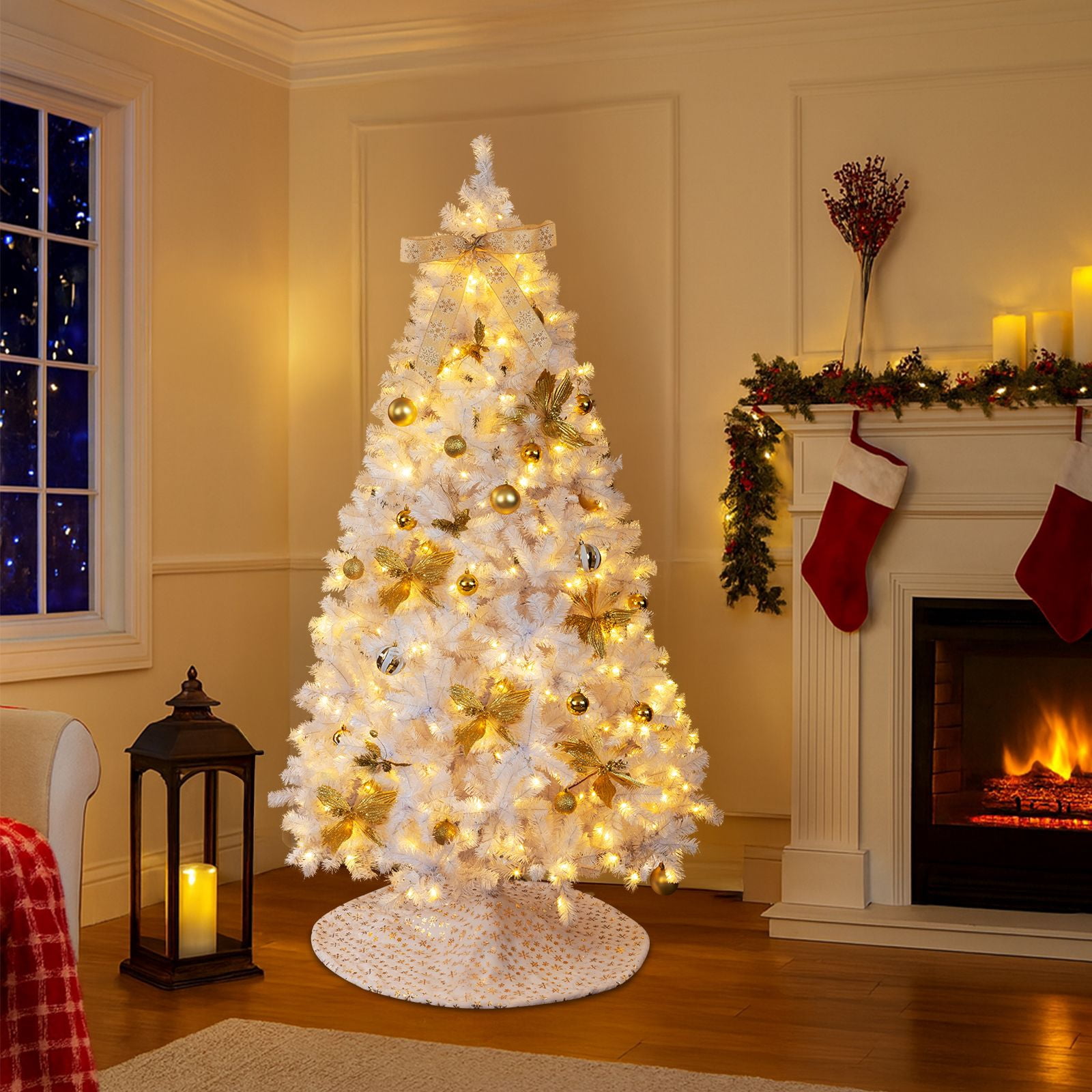 7.5 FT Artificial Christmas Tree with DIY 400 Warm White LED Lights, Hinged Xmas Pine Tree with Tree Skirt and Holiday Ornaments for Holiday Party Office Home, White Tree & Golden Decor