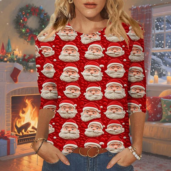 Horkkom Christmas Shirts for Women 3/4 Sleeve Christmas Tree Print Round Neck Loose Top T-shirt XL