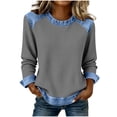 thumbnail image 2 of Frostluinai Womens Denim Shirts Long Sleeve Waffle Patchwork Tops Crew Neck Color Block Jean Blouses Camisas De Mezclilla Para Mujer, 2 of 6