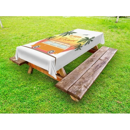 

Surf Outdoor Tablecloth Retro Surf Van with Palms Camping Relax Hippie Travel Be Happy Free 60s Theme Decorative Washable Fabric Picnic Table Cloth 58 X 84 Inches Orange Green Yellow by Ambesonne