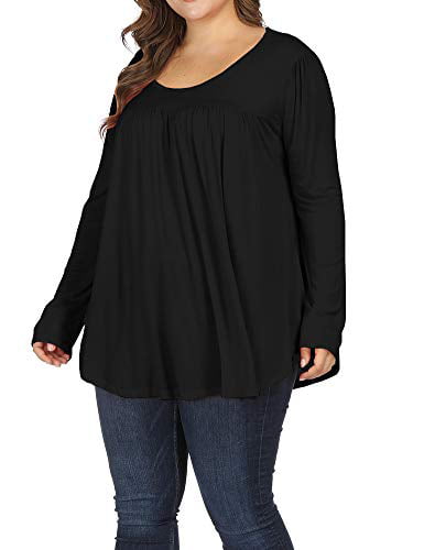 ALLEGRACE Women Plus Size Casual Pleated Long Sleeve Blouse Top Round Neck Flowy T Shirts 