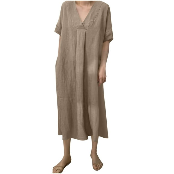 Casual Loose Dress for Women V Neck Cotton Linen Midi Dress with Pockets Comfy Summer Lounge Sleepwear Outfit