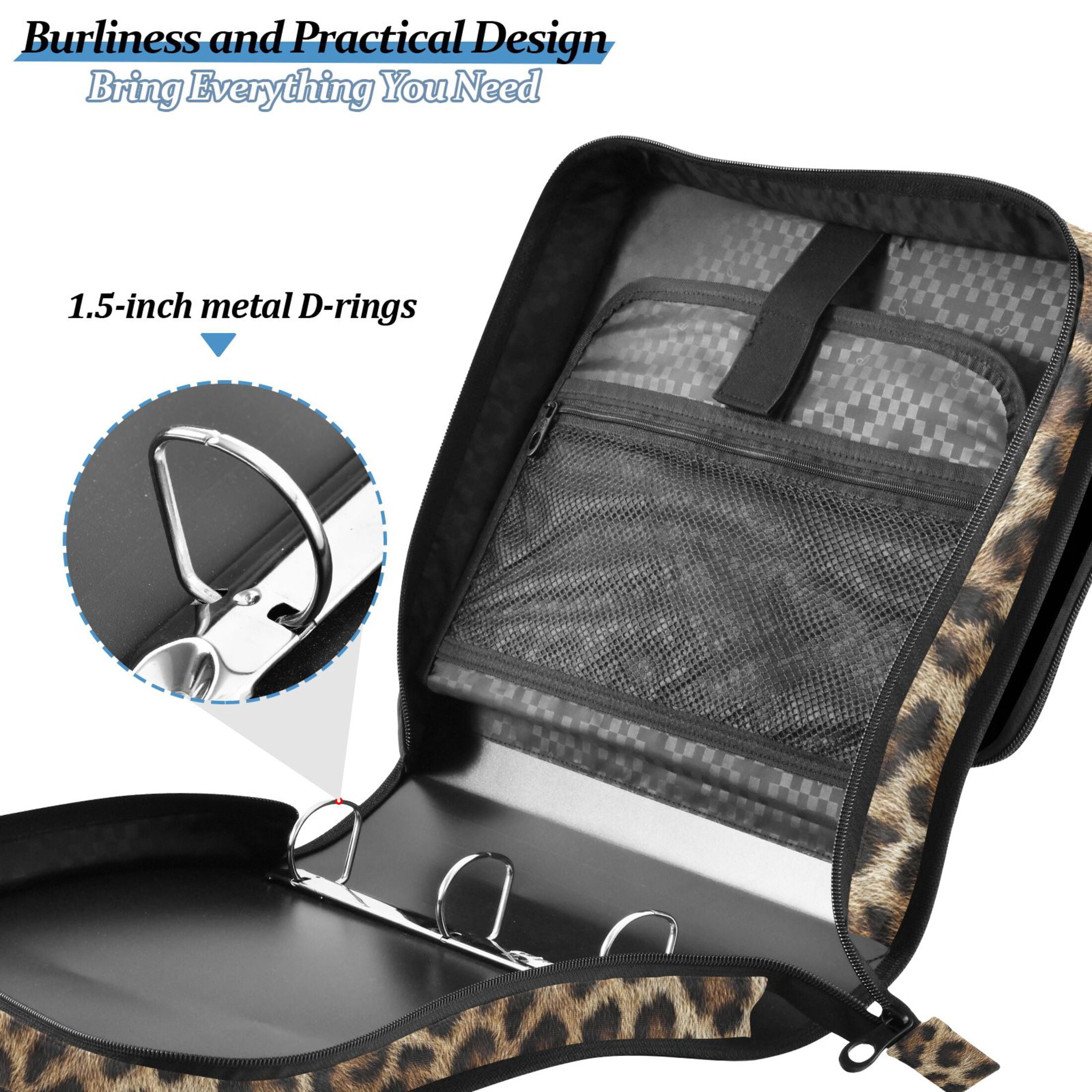 Zipper Binder Leopard Print 1.5 Inch Binder Folder Bag with Shoulder Strap and Handle