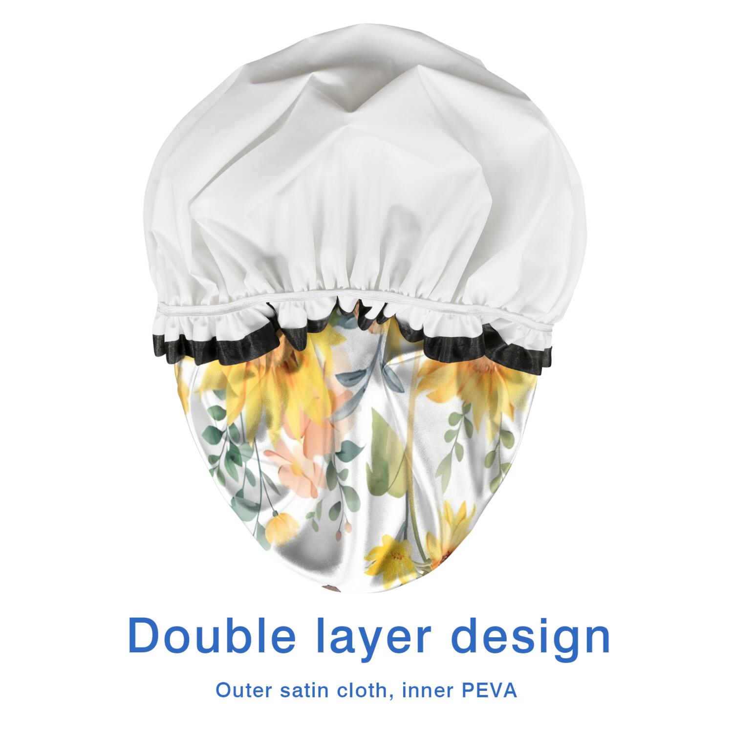 Shower Caps,White Butterfly Bee Sunflower Pattern Waterproof Shower Cap for Women 4 Pieces,Double Reusable Hair Cover for Shower PEVA Elastic Stretch Hem