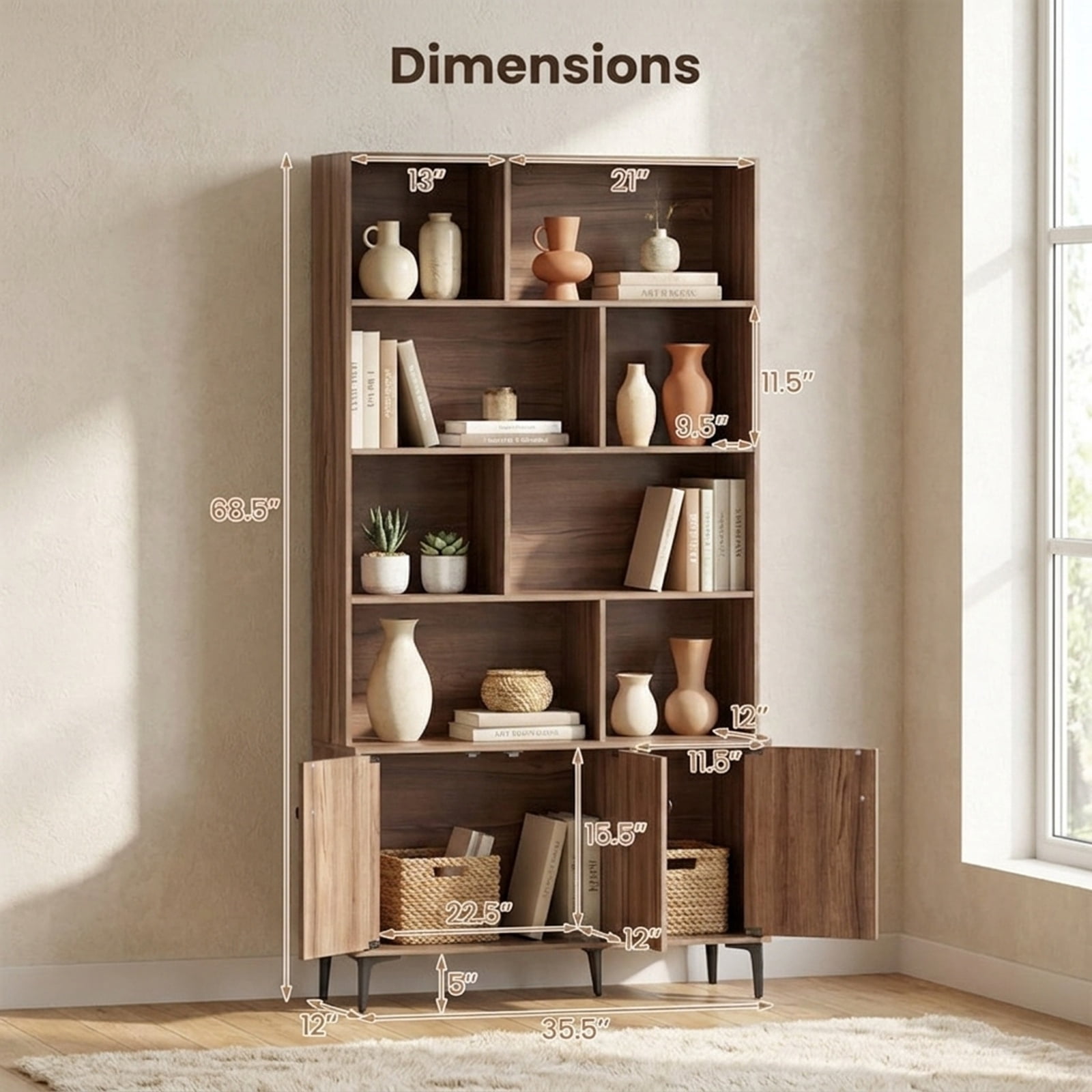 Furnibear Bookshelf with 3 Doors and 2 Anti-Tipping Kits for Home Office for Living Room Home Office Bedroom Display Storage Shelf, Walnut