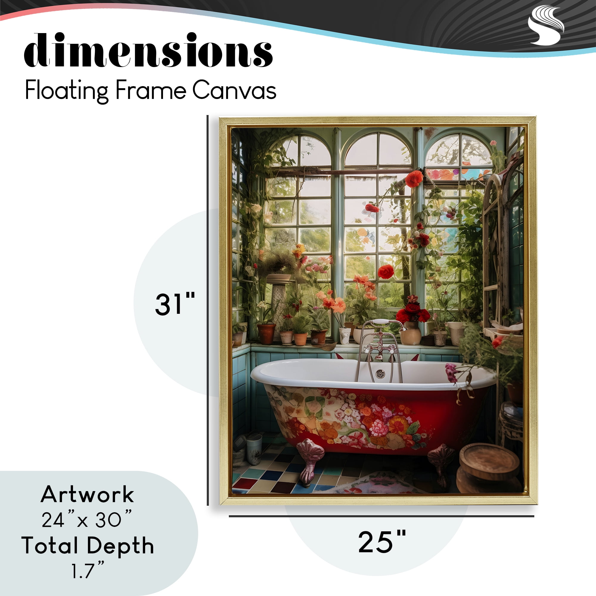 Floral Sunroom Tub Gold Framed Floater Canvas Wall Art, design by Lettered and Lined
