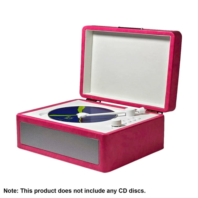 TFixol Vintage Tray-Style CD Player with Hi-Fi Sound, Bluetooth, USB Playback, Infrared Remote, Built-in Battery, and Wooden Finish in Pink (Remote Ships Without Batteries)