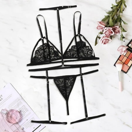 

Fashion Women Plus Size V-Neck Bra +Thong +Garter Lingerie Set Underwear S-2XL Note Please Buy One Or Two Sizes Larger
