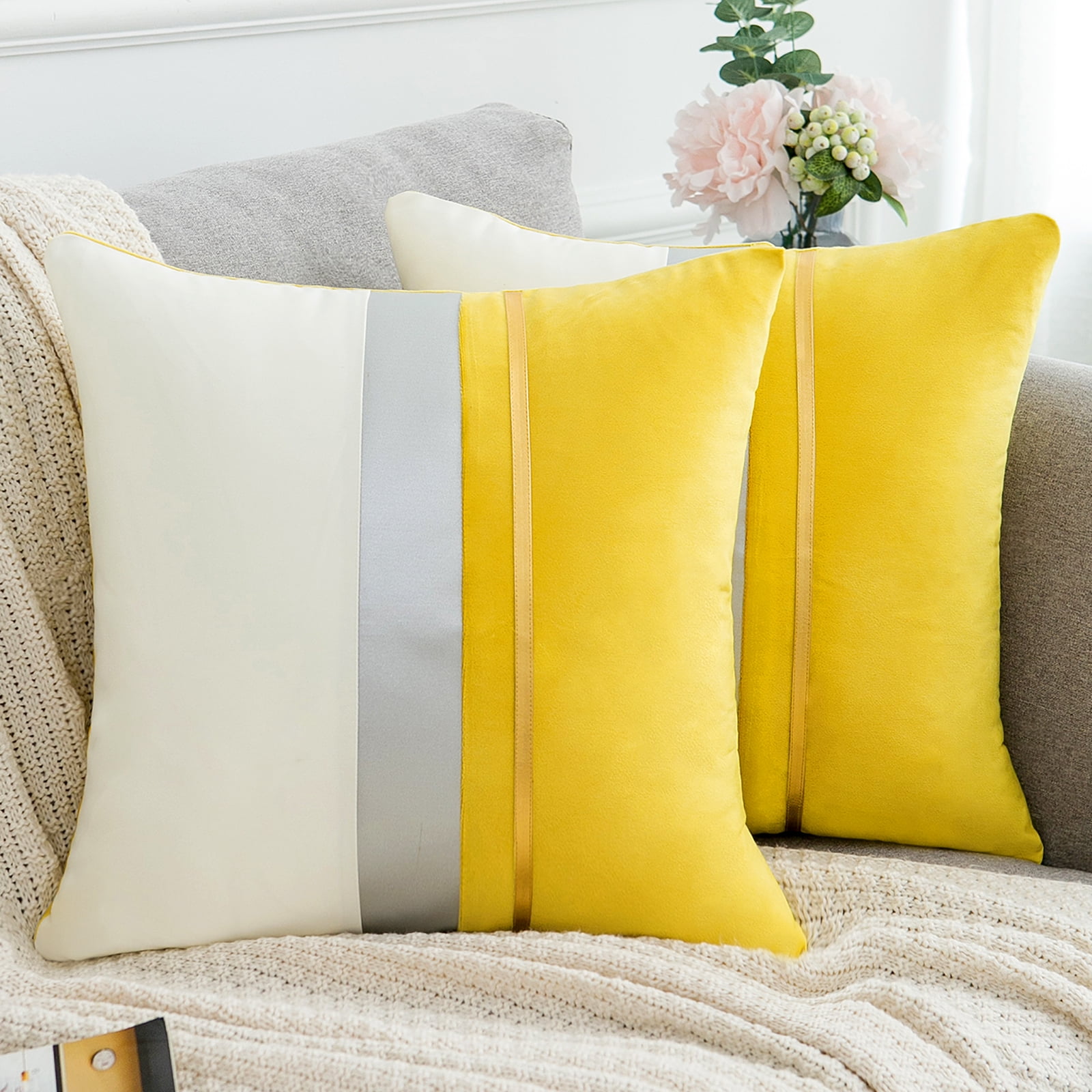 Set of 2 Velvet Yellow Throw Pillow Covers 18x18 inches Soft Soild