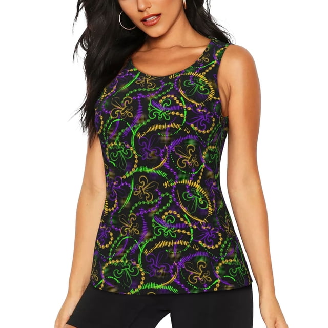 Fotbe Neon Mardi Gras Blusas Sin Mangas para Mujer – Estilo Casual, Corte Suelto, Slim-Fit, Cuello Redondo Deportivo, Tops de Verano para Gimnasio y Yoga-Large