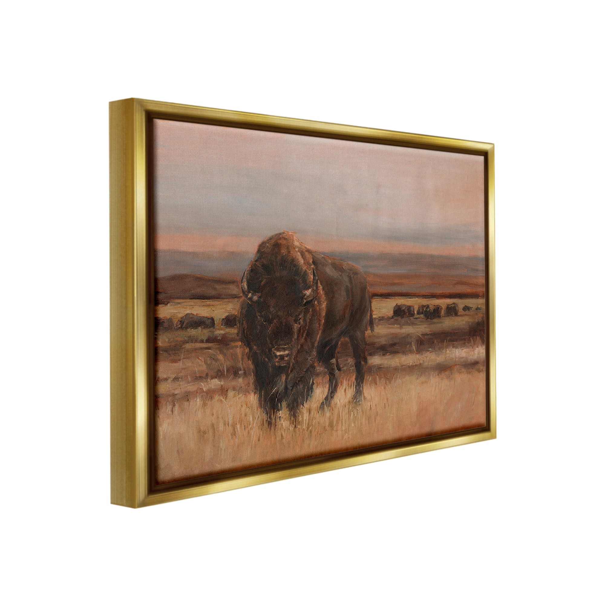 Stupell Industries Traditional Bison Landscape Animals & Insects Painting Gold Floater Framed Canvas Art Print Wall Art, 21 x 17