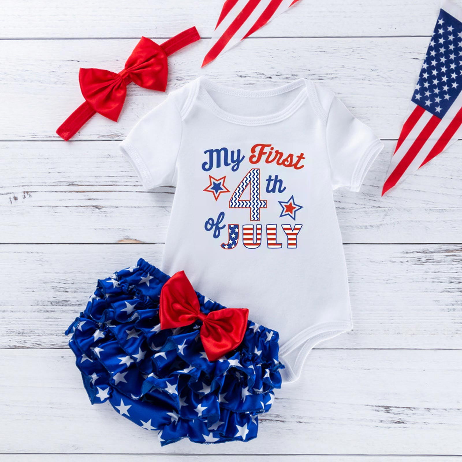 Povozer Summer Baby Boy Clothes Baby Boy Summer Clothes Clothes Girl Newborn 0 3 6 12 18 Months Summer Outfit Fly Sleeeve Romper Daisy Shorts Headband Set Size 9-12 Months,Red