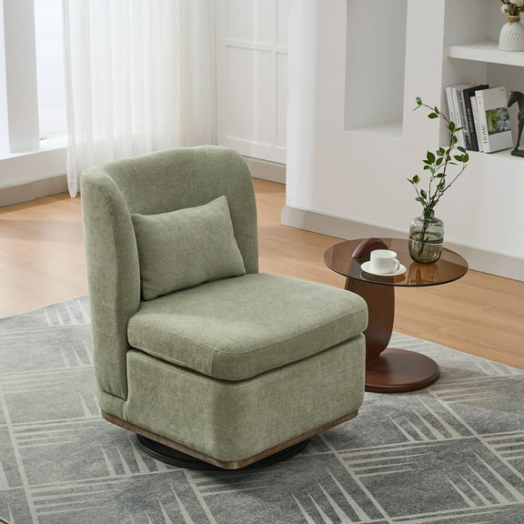 25.2" Wide Armless Chenille Swivel Chair with Pillow, Cushioned Seat & Metal Base, 360° Rotating Accent Chair for Living Room, Bedroom, Lounge or Office, Pale Green
