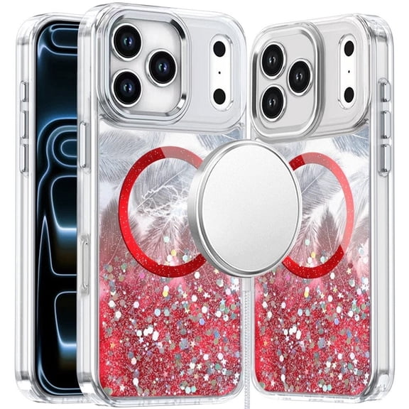 For Apple iPhone 18 Pro Epoxy Glitter Shimmer [Magnetic Circle] Hybrid Case - Red