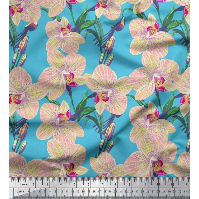 Soimoi Rayon Fabric Leaves & Orchids Floral Decor Fabric Printed Yard 56 Inch Wide