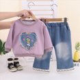 thumbnail image 2 of Toddler Girls Outfits 9 12 18 24 Months 2T 3T 4T 5T Girls Fall Winter Clothes Toddler Girls Ruffle Long Sleeve Cute Top Jeans Bell-bottomed Pants 2PCS Set Light Purple Size 1-2 Years, 2 of 5