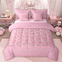 jejeloiu Leopard Print 7-Piece Bedding Comforter Set,Cheetah Pattern King Bedding Sets,Girls Pink Bed Sheets For Girl,Microfiber Bedroom Decor Reversible