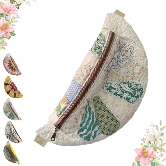 Vintage-Inspired Patchwork Quilted Sling Bag, Lightweight Curved Design Crossbody Shoulder Satchel with Adjustable Strap