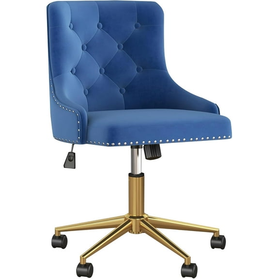 Velvet Swivel Office Desk Chair with Wheels, Height Adjustable Task Chair with Gold Base, Upholstery Makeup Vanity Chair with Button Tufted Back for Teens Women Girls, Navy Blue