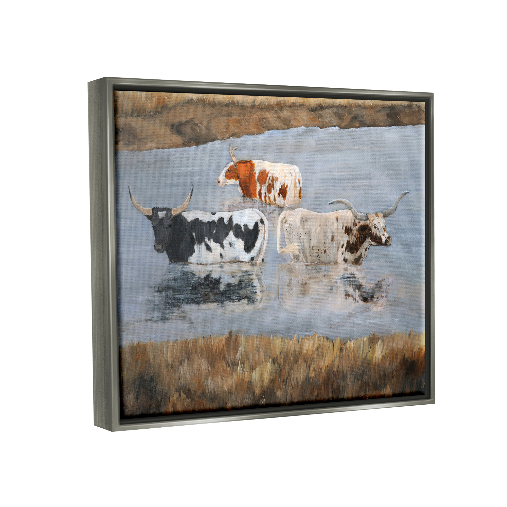 Stupell Cattle Bathing Country Riverbank Animals & Insects Painting Gray Floater Framed Art Print Wall Art