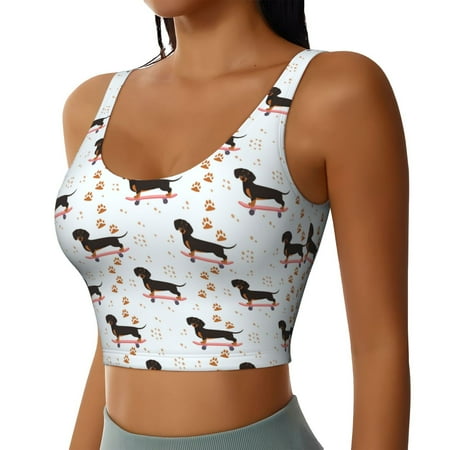 Picia Dachshund On A Skateboard Sports Bra for Women Padded Strappy Sports Bras Medium Support Yoga Bra with Removable Cups Running Yoga Bra-Small