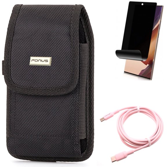 Pink 10ft Long Cable & Case Belt Clip & Privacy Screen Protector for Samsung Galaxy Note 20 Ultra (6.9") - Combo with USB-C to Type-C PD Fast Charger & Rugged Holster & TPU Film Anti-Peep