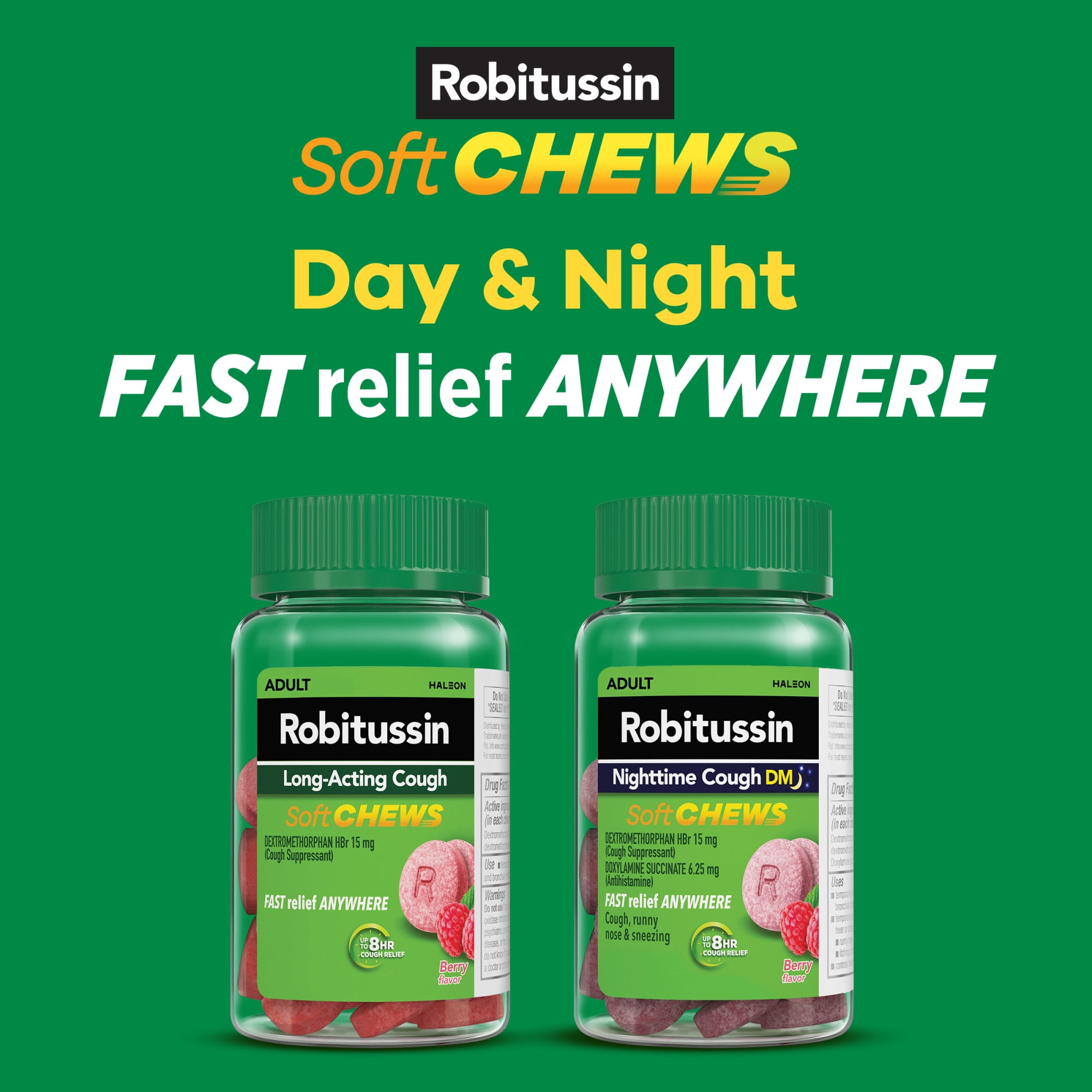 Robitussin Soft Chews, Long-Acting Cough Relief Cold Medicine, Berry Flavor, 20Ct Chewable Tablets
