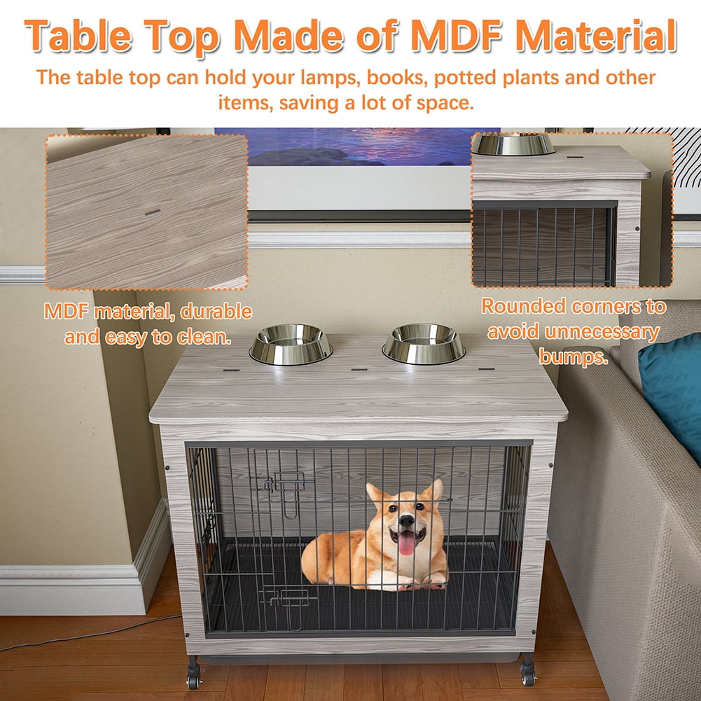 Kadyn Modern Kennel for Dogs Indoor up to 80 lb, Dog Crate Furniture, Side End Table, Heavy-Duty Dog Cage with Multi-Purpose Removable Tray, Double-Door Dog House, Gray