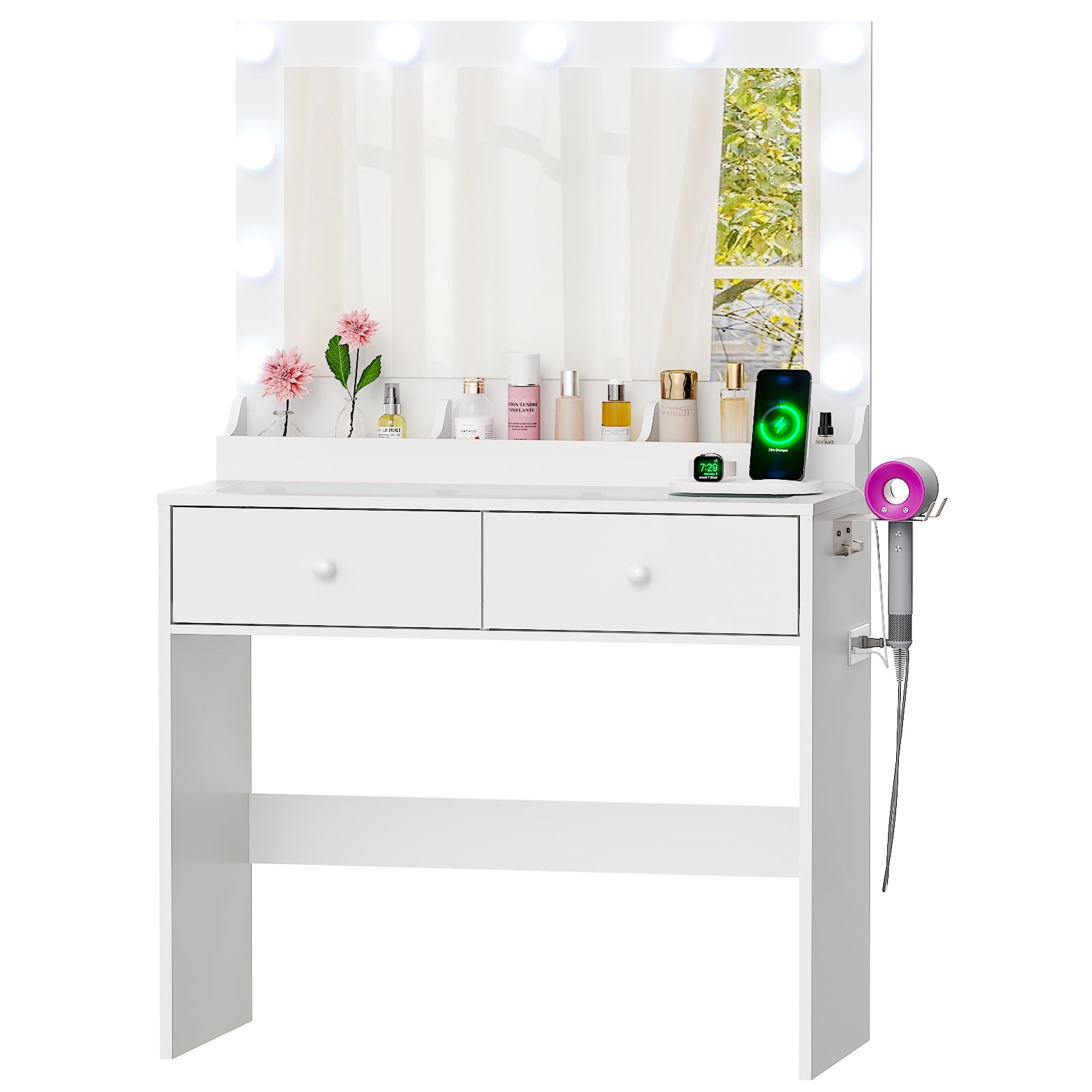 Ktaxon Get Ready with Me GRWM Makeup Vanity Desk with Lighted Mirror, Dressing Table W/Charging Station & Hair Dryer Rack,White