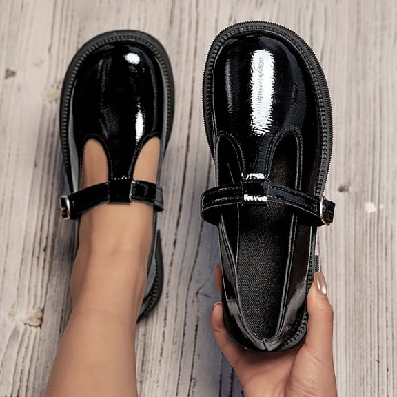 Women's Mary Jane Loafers, Patent Leather T-Strap Platform Shoes with Buckle, Non-Slip Casual Dress Flats, Comfortable Round Toe Walking Shoes for Daily Work School