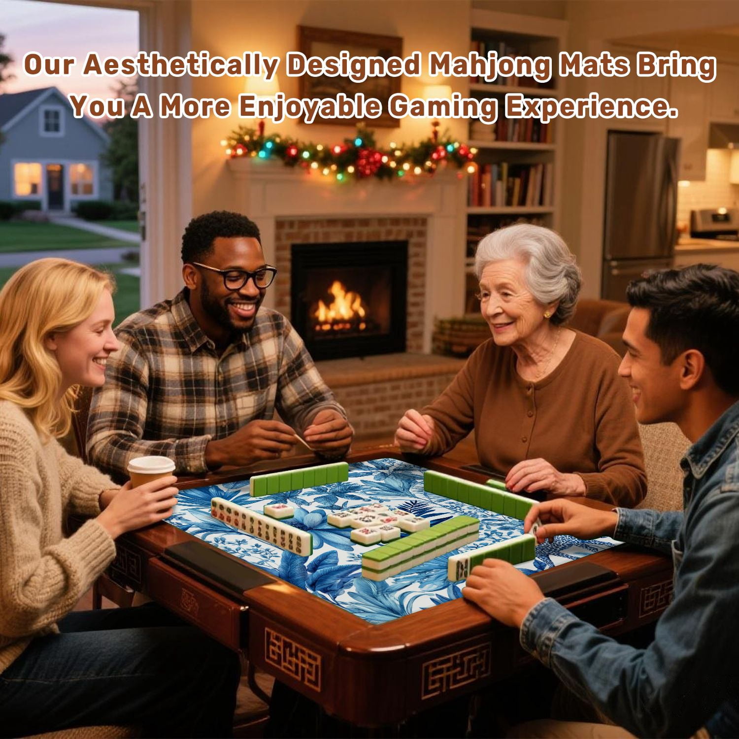 Mahjong Mat 31.5" x 31.5" Seamless white tropical leaves gold elements blue Non-Slip Noise Reduction American Mahjong Tiles Table Cover for Dominoes Poker Card Board Games Gift