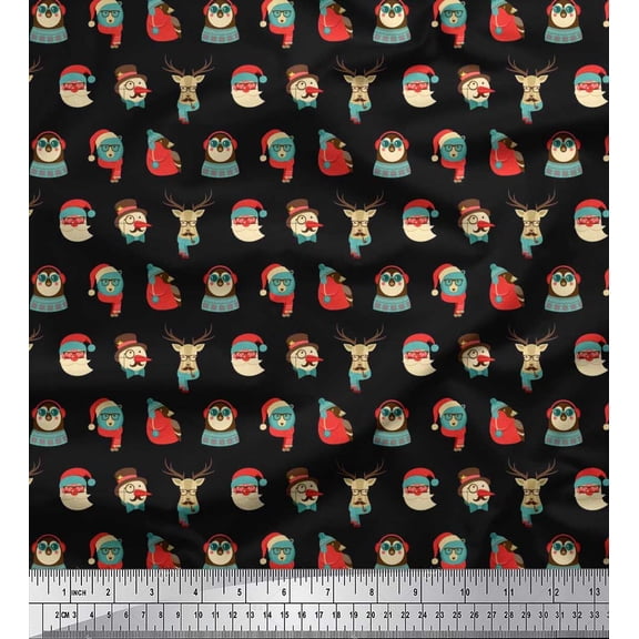 Soimoi Black Cotton Duck Fabric Animal Face,Cap & Muffler Winter Theme Print Fabric by Yard 56 Inch Wide