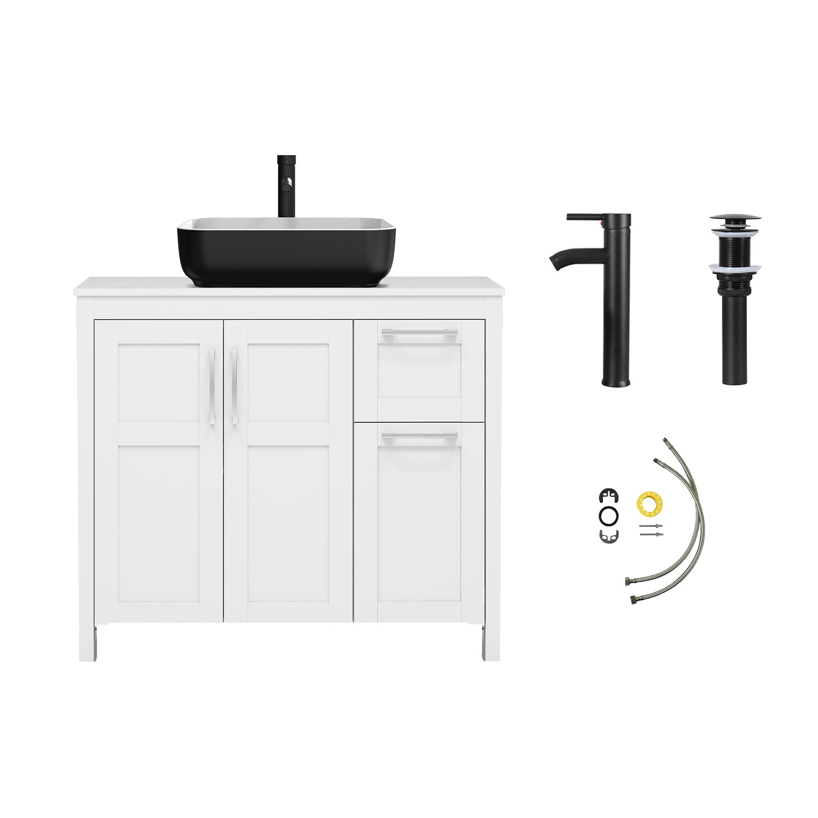 FULLWATT 36 Inches Traditional Bathroom Vanity in White Finish with Square Ceramic Vessel Sink, Single Bathroom Vanity with Top, 2-Door Cabinet and 2 Drawers