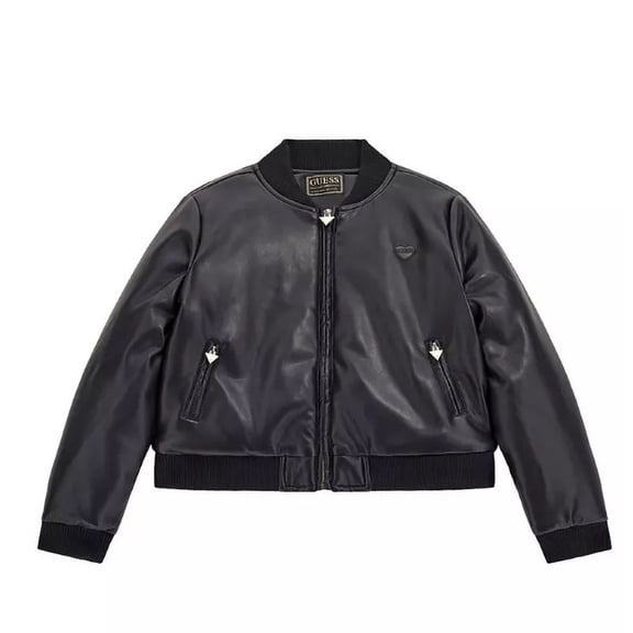 GUESS Big Girls Black Faux Leather Bomber Jacket, 14