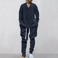 thumbnail image 2 of VBTAPA Winter Outfits for Men Jacquard Knit Lounge Sweatsuit 2 Piece V Neck Pullover Sweater and Jogging Sweatpants Tracksuit Set with Pockets Navy S, 2 of 9