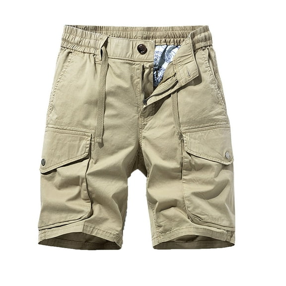 Mens Cargo Shorts with Multi Pockets Drawstring Elastic Waist Straight Leg Solid Work Shorts Outdoor Short Pants Khaki,XL