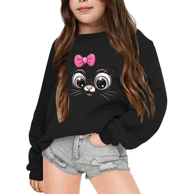PMVFHDE Liquidation Chandail Grande Taille Enfants Filles Automne et Hiver à Lettres Imprimées Col Rond Manches Longues Hauts de Chandail Noir,120