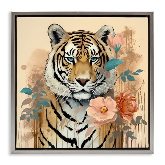 Stupell Industries Eclectic Modern Floral Tiger Gray Floating Frame Canvas Art, 18 x 18, by Lazar Studio