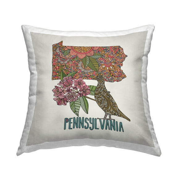 Stupell Industries Pennsylvania Floral Pattern Bird Square Decorative Printed Throw Pillow, 18 x 18,