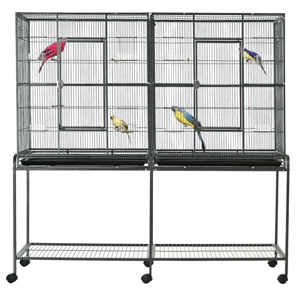 Spaco Rolling 65"L Bird Cage w/ Storage Shelf Wood Perch Food Container, Bird Cage with Large Front Doors, Black