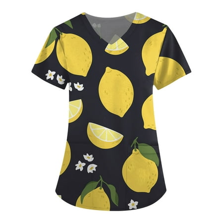 

TKing Fashion Independence Day Women Plus Size Scrubs Top V-Neck Short Sleeve Printed Pockets Work Blouse for Women Coffee L