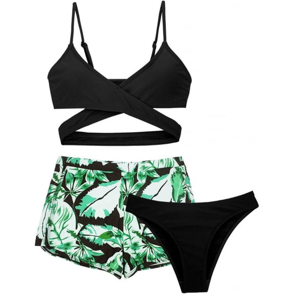 Xudanell Girls Swimsuit 3 Piece Bathing Suit Criss Cross Bikini Set Girls' Swimwear with Shorts 7-16T (Dark Green, 14 Years)