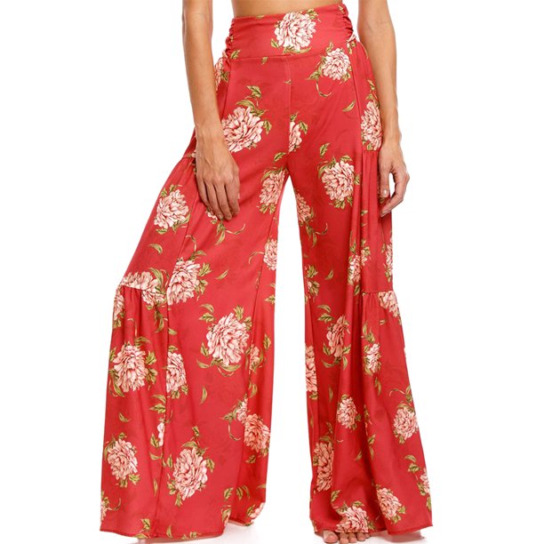 VISgogo - Pantalones palazzo con cinturón para mujer, pantalones de playa sueltos bohemios de cintura alta con estampado floral/a cuadros/cachemira VISgogo moda